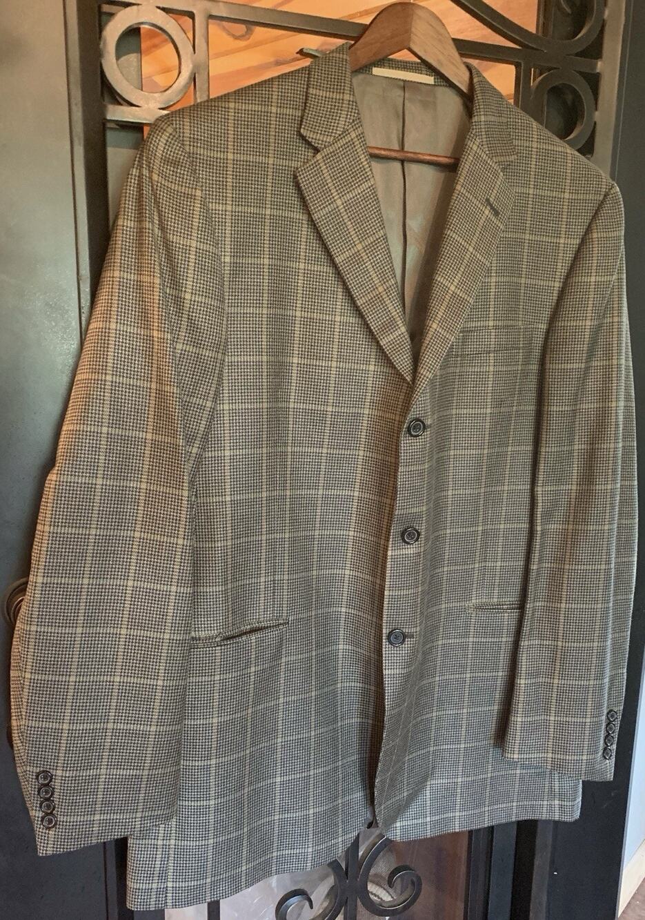 Burberry London Sport Coat 46 XLG Silk Wool Glen Plaid Blazer Tan VTG Y2K